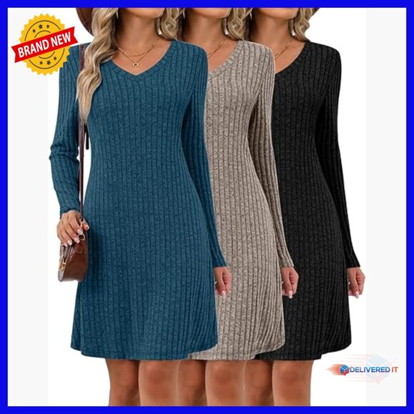 Long Sleeve V-Neck Tunic Sweater Dress Loose Fit Knit Casual Winter